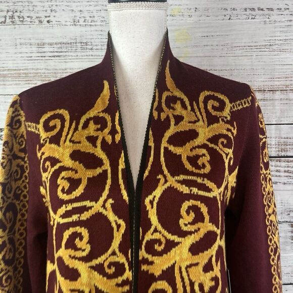 Vertigo Paris Gold Burgundy Motif Wool Open Front Long Cardigan Duster sz Small - Picture 6 of 16